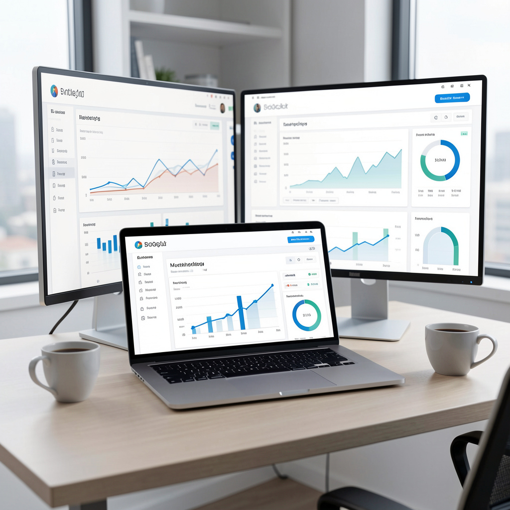Modern digital marketing workspace with analytics dashboards